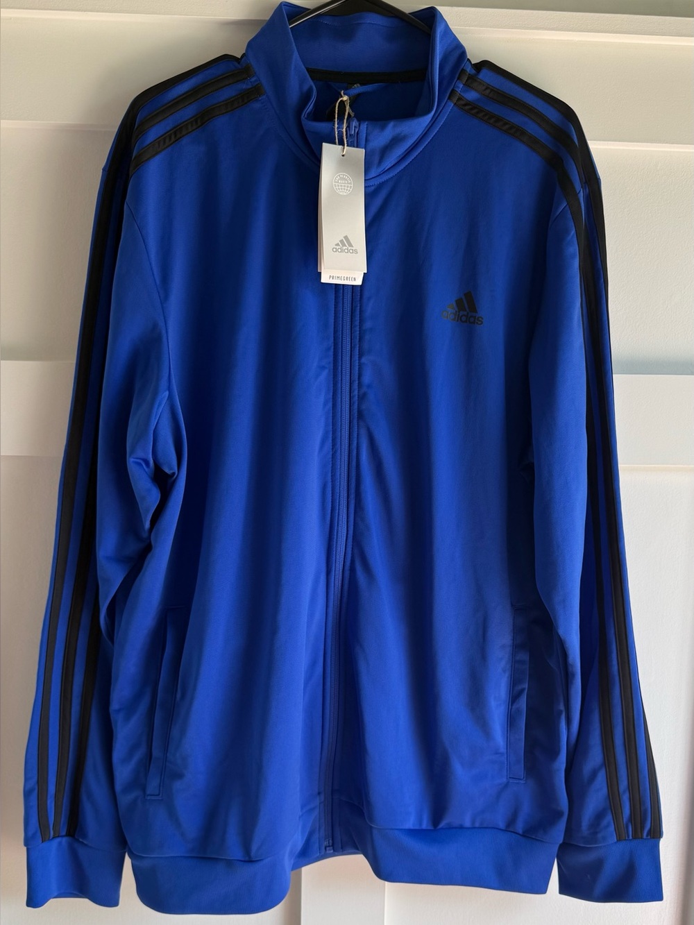 Adidas Primegreen Essentials Warm-Up 3 Stripe Jacket in Royal Blue and Black XL - Picture 2 of 7